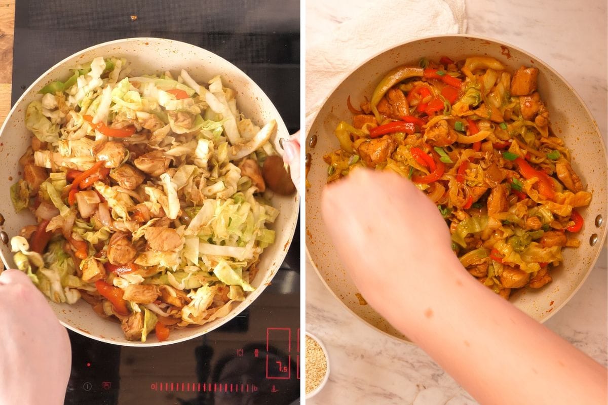 Chicken and Cabbage Stir Fry 10 Tossing cabbage, chicken, peppers, and onions together in a skillet until coated in sauce.