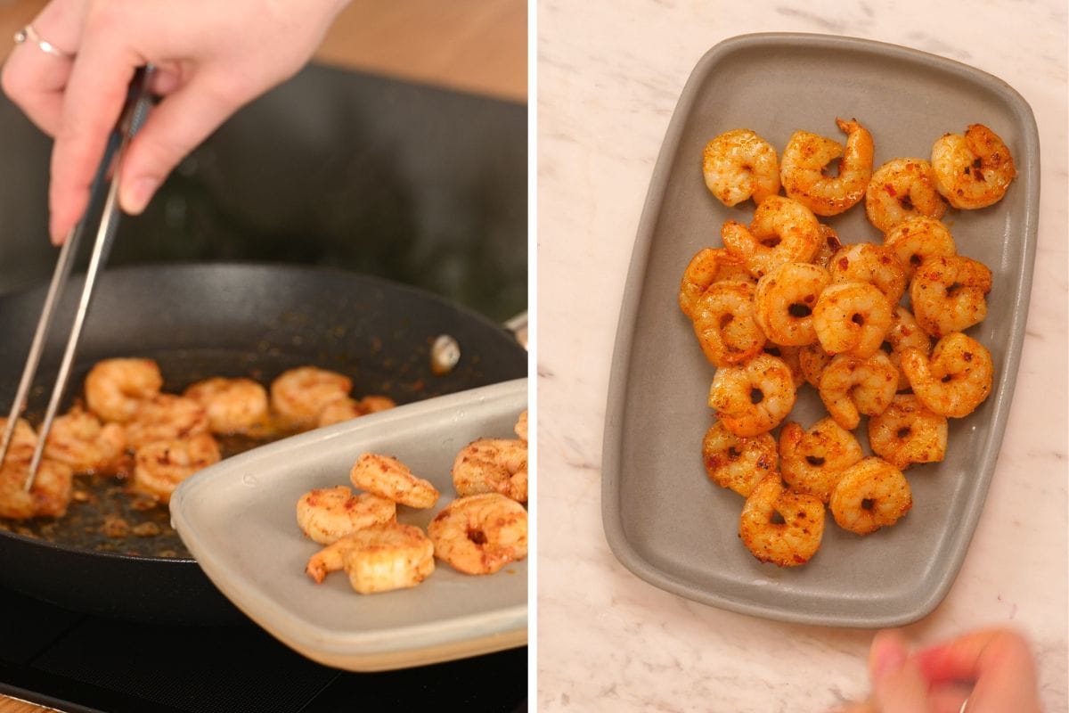 High-Protein Shrimp Mango Avocado Salad 5 Removing seasoned cooked shrimp from a skillet and transferring it to a plate to cool for shrimp mango avocado salad.