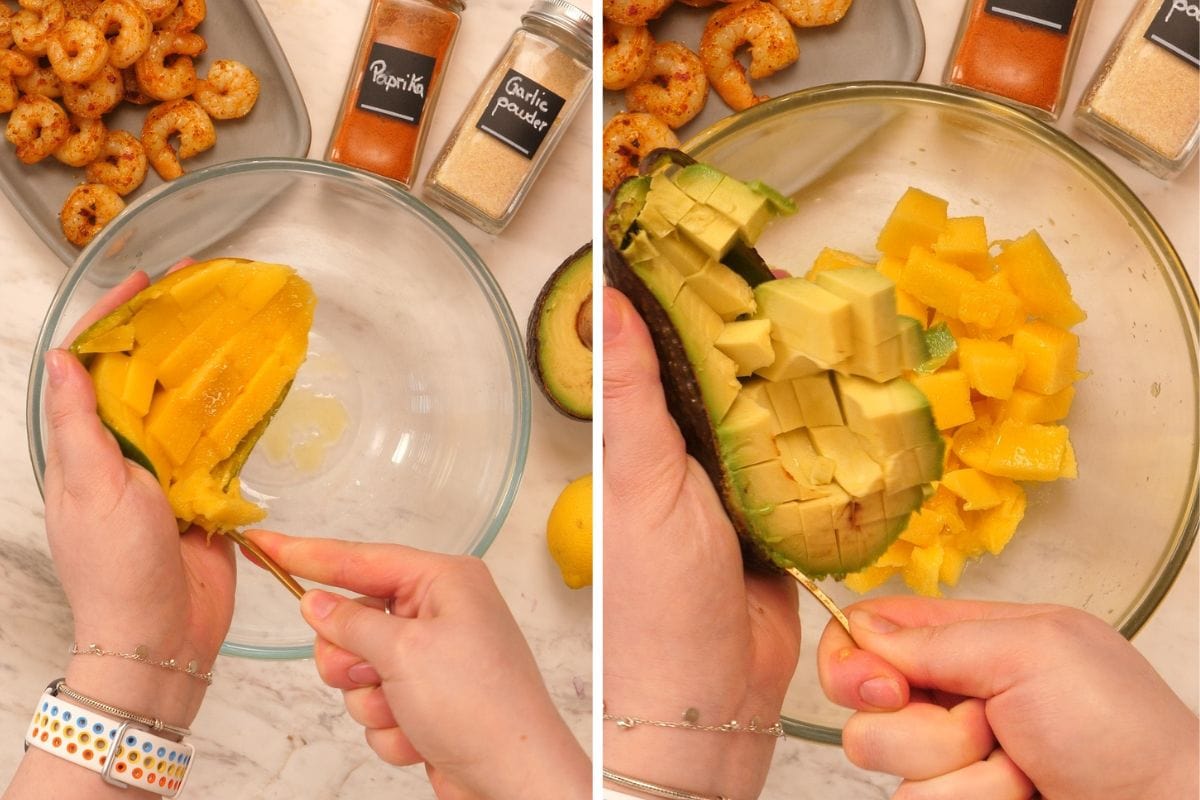 High-Protein Shrimp Mango Avocado Salad 6 Adding diced mango and avocado to a large mixing bowl for shrimp mango avocado salad.
