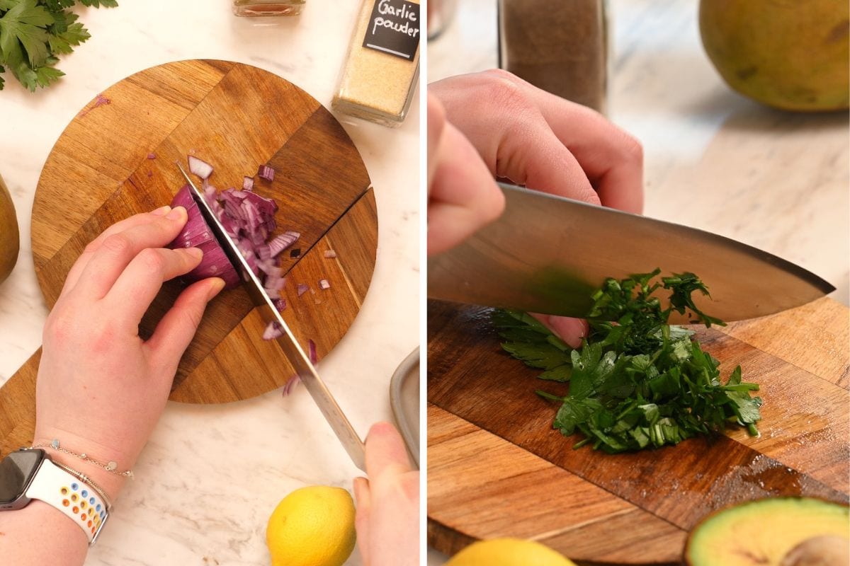 High-Protein Shrimp Mango Avocado Salad 7 Dicing red onion and chopping fresh parsley on a cutting board for shrimp mango avocado salad.