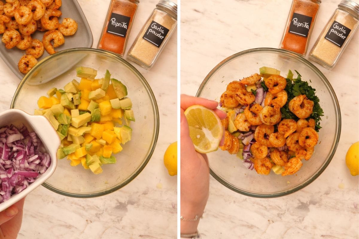 High-Protein Shrimp Mango Avocado Salad 8 Adding diced red onion to mango and avocado, then topping with cooked shrimp, parsley, and fresh lemon juice.