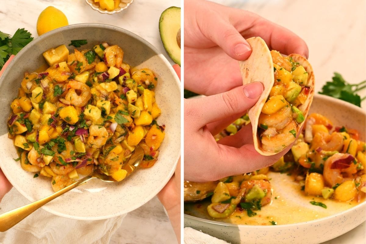 High-Protein Shrimp Mango Avocado Salad 9 Finished shrimp mango avocado salad with juicy mango, creamy avocado, shrimp, red onion, and fresh herbs.