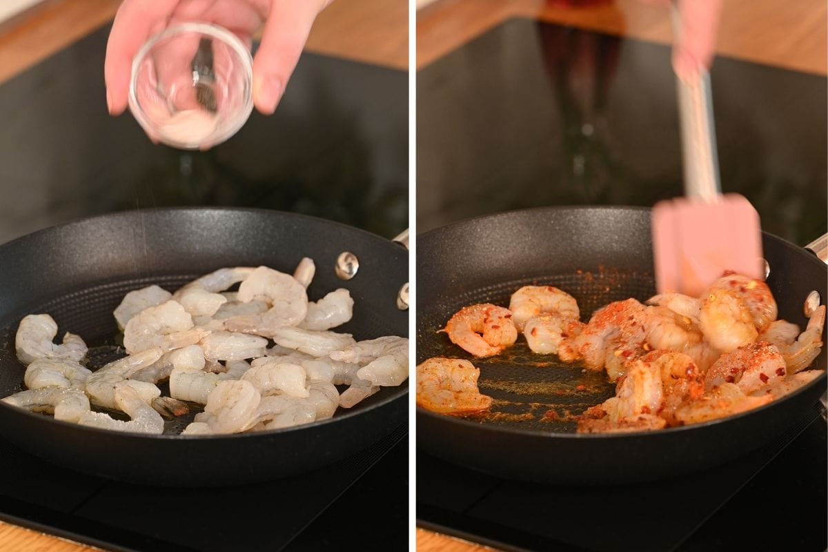 High-Protein Shrimp Mango Avocado Salad 4 Seasoning raw shrimp with spices in a skillet before cooking for shrimp mango avocado salad.