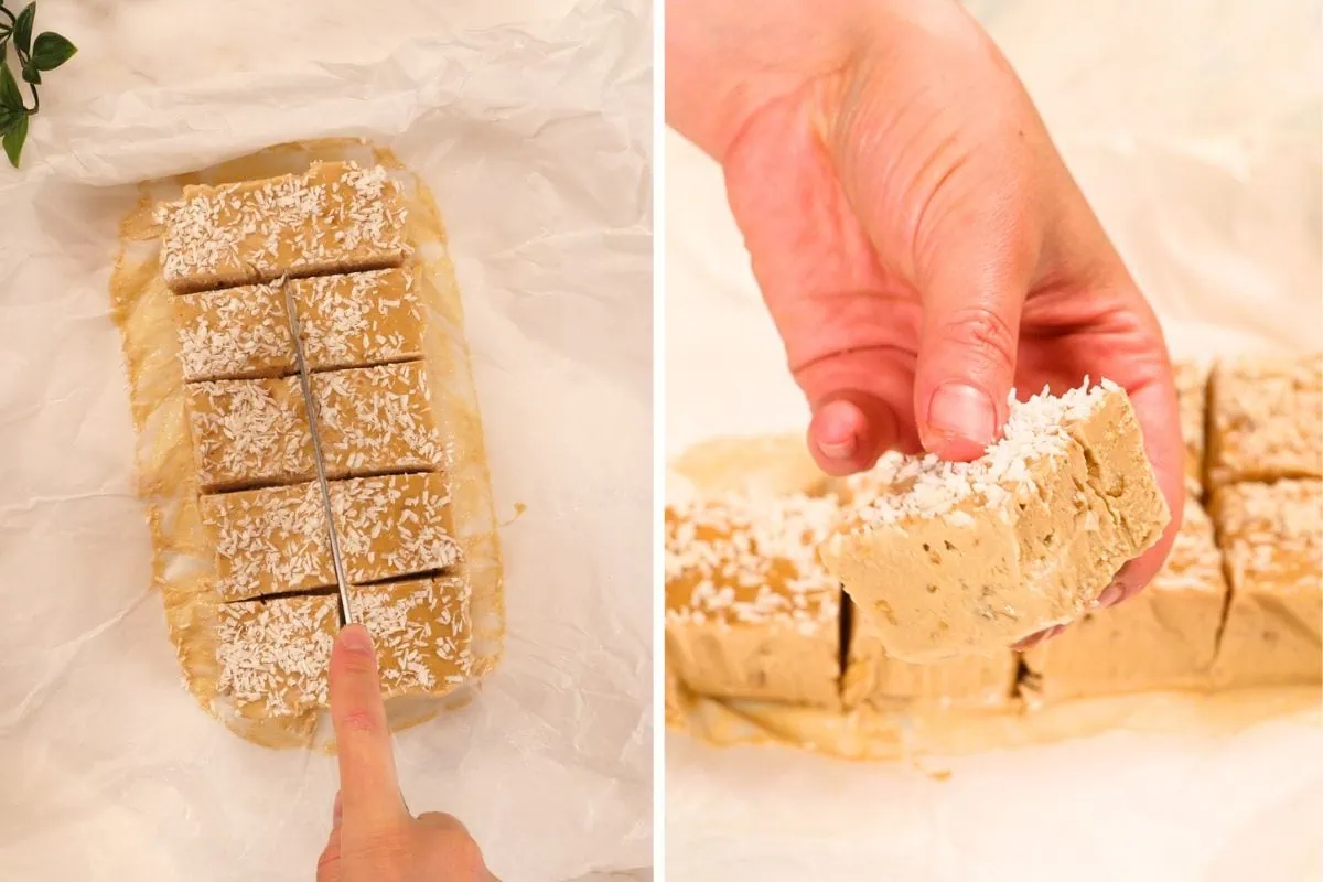 No-Bake Peanut Butter Greek Yogurt Protein Bars 10 Slicing no-bake peanut butter Greek yogurt protein bars into squares and lifting a finished bar topped with shredded coconut.