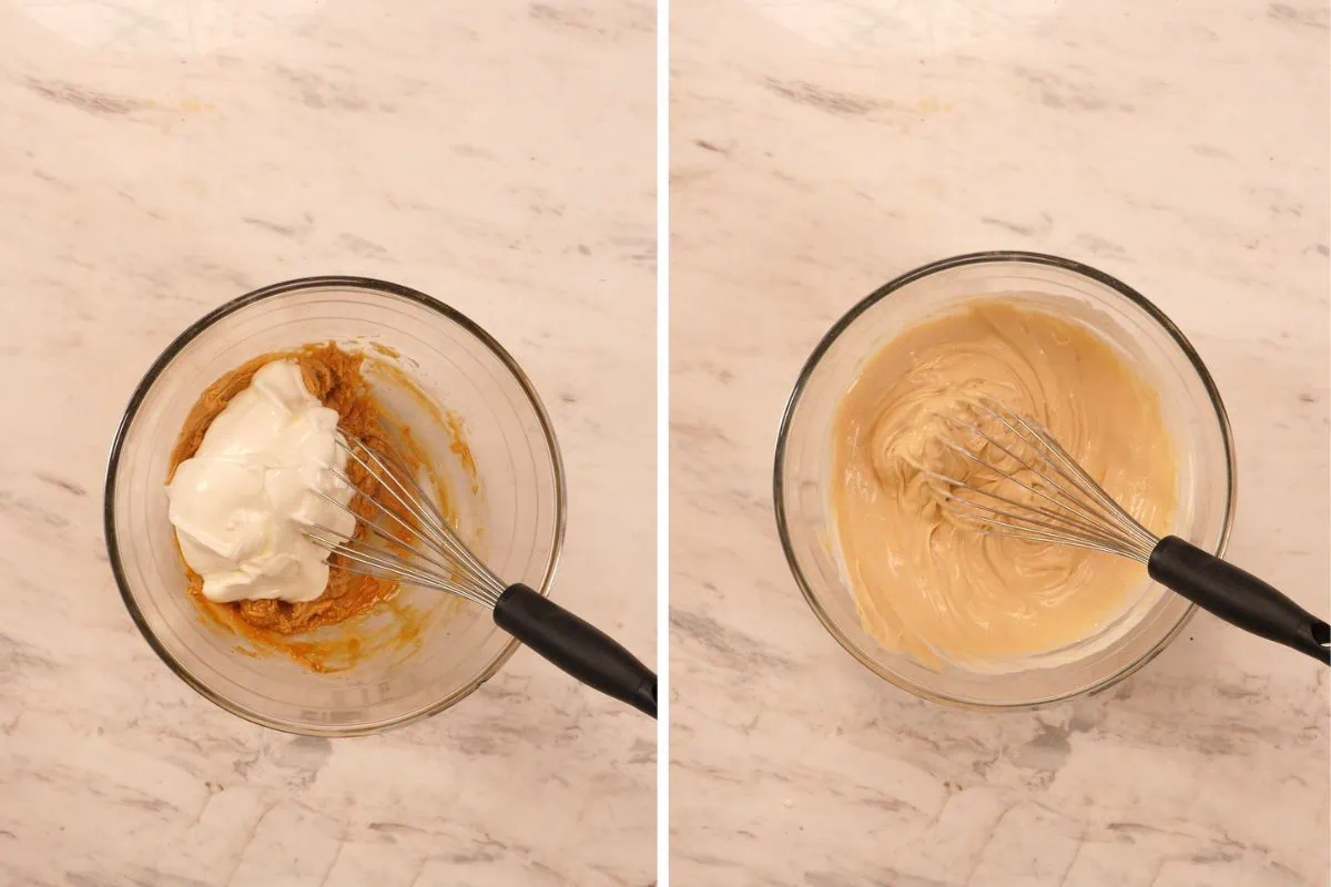 No-Bake Peanut Butter Greek Yogurt Protein Bars 6 Whisking Greek yogurt and peanut butter together until smooth to make the base for no-bake protein bars.