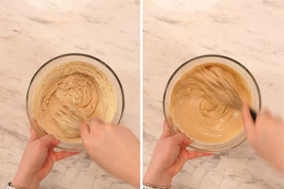 No-Bake Peanut Butter Greek Yogurt Protein Bars 7 Mixing protein powder into the peanut butter and Greek yogurt mixture until thick, smooth, and creamy.
