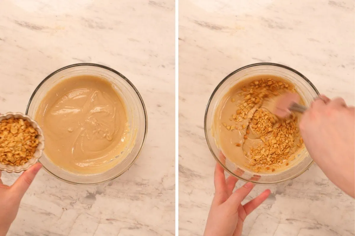 No-Bake Peanut Butter Greek Yogurt Protein Bars 8 Adding chopped peanuts to the protein bar mixture for extra crunch and peanut butter flavor.