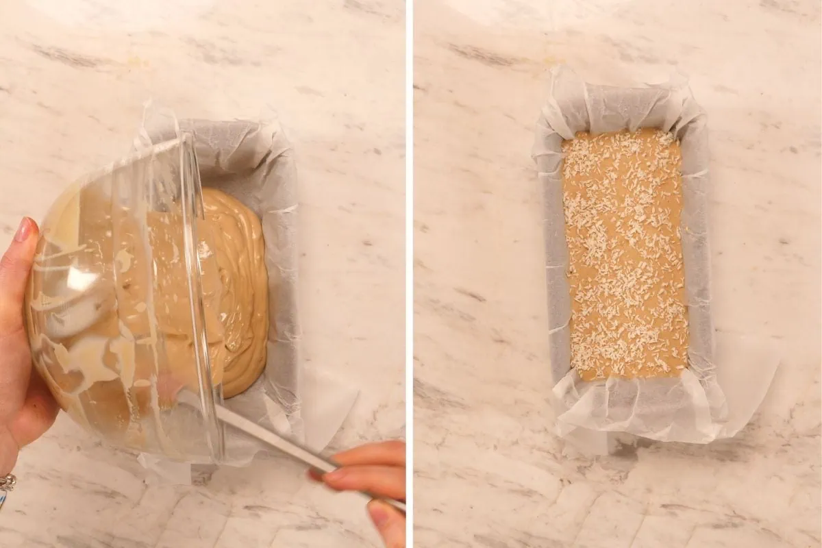 No-Bake Peanut Butter Greek Yogurt Protein Bars 9 Spreading the peanut butter protein bar mixture into a parchment-lined loaf pan and topping with shredded coconut.