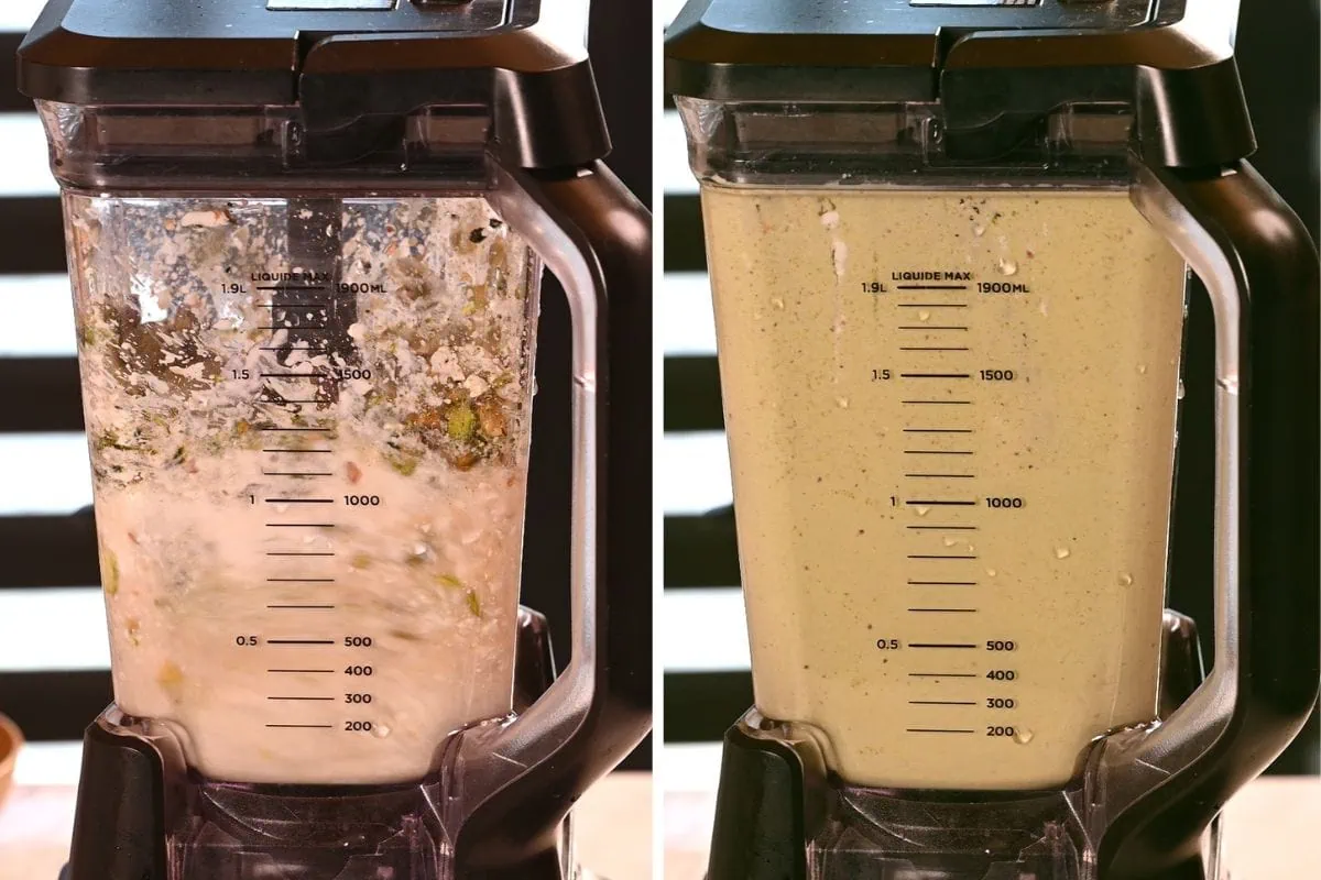 4-Ingredient Pistachio Cottage Cheese Ice Cream 5 Blending pistachio cottage cheese ice cream ingredients until smooth and creamy in a high-speed blender.