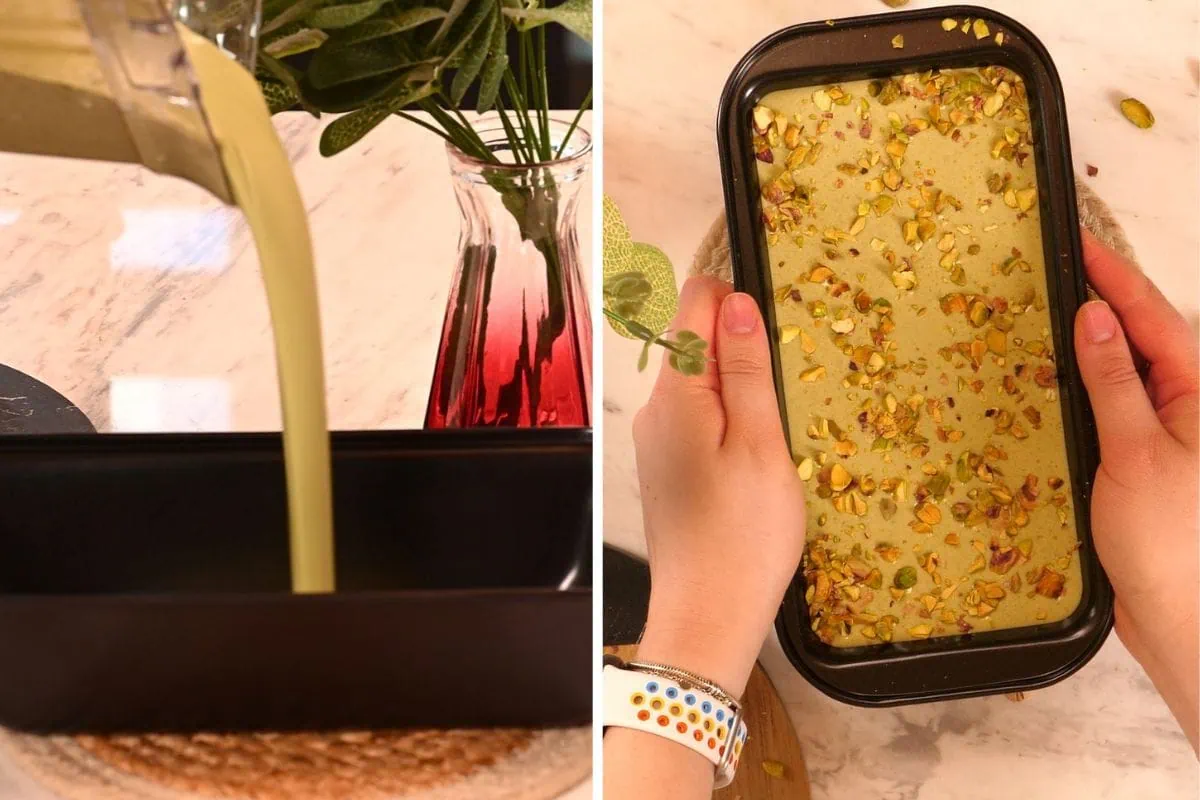 4-Ingredient Pistachio Cottage Cheese Ice Cream 7 Pouring the blended pistachio ice cream mixture into a loaf pan and topping it with chopped pistachios before freezing.