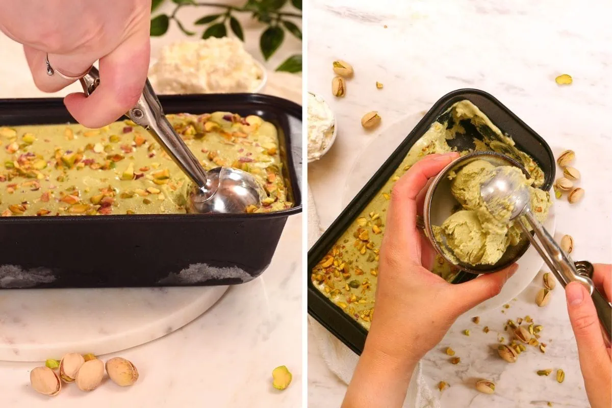4-Ingredient Pistachio Cottage Cheese Ice Cream 8 Scooping homemade pistachio cottage cheese ice cream from a loaf pan after freezing until firm.