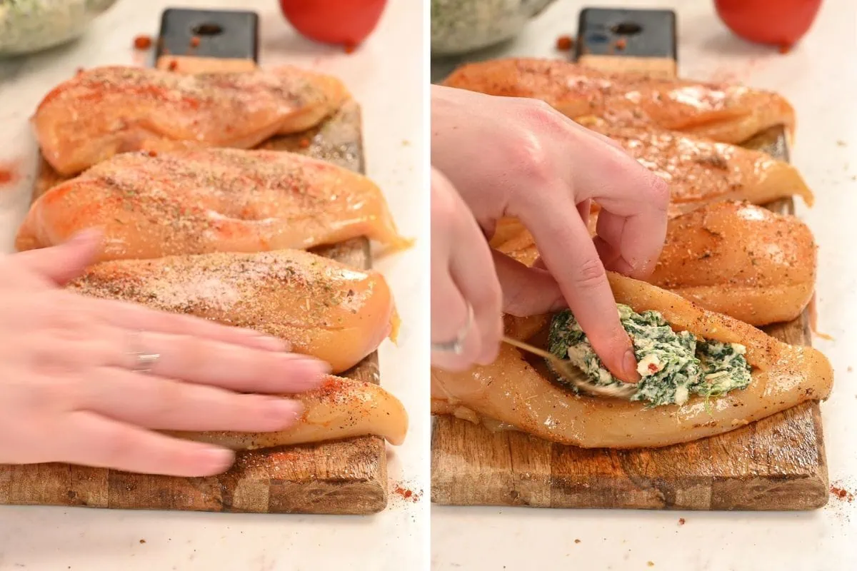 Spinach and Feta Stuffed Chicken Breast 6 Seasoned chicken breasts being stuffed with a creamy spinach and feta cheese filling before baking.