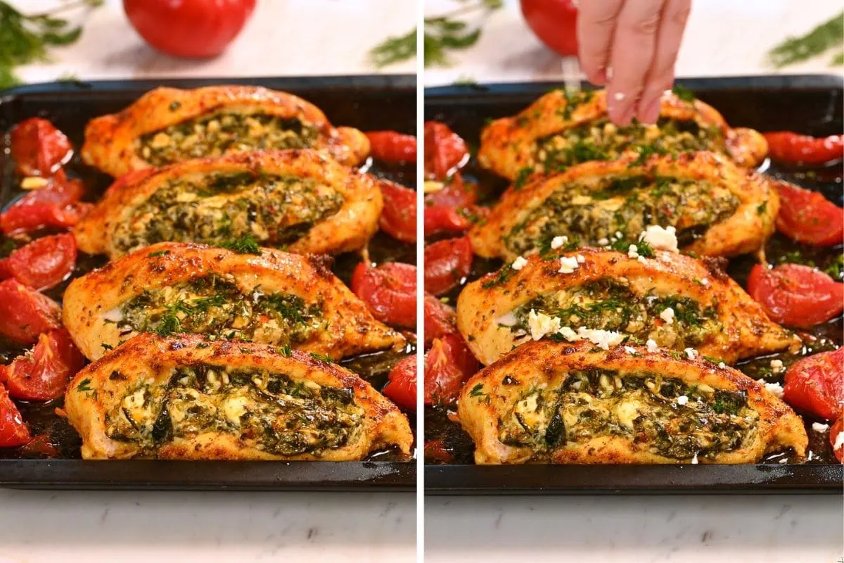 Spinach and Feta Stuffed Chicken Breast 8 Baked spinach and feta stuffed chicken breasts topped with fresh herbs and crumbled feta cheese before serving.