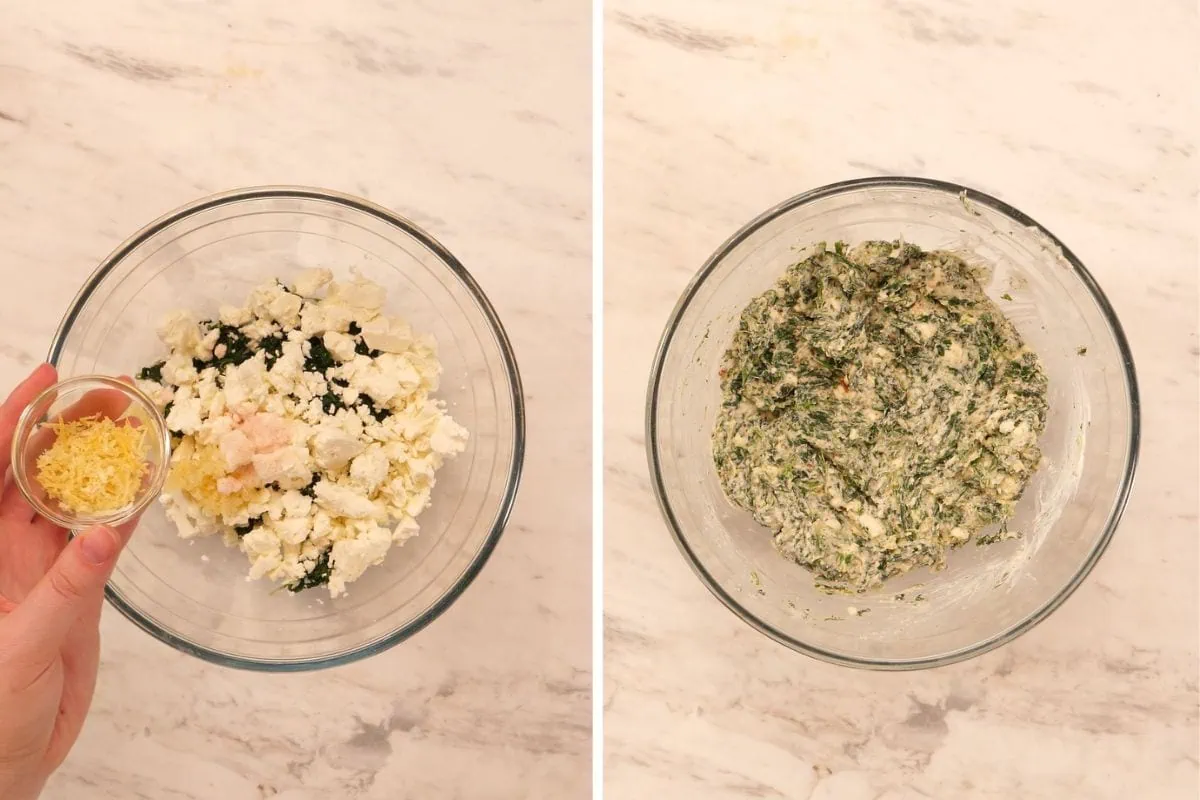 Spinach and Feta Stuffed Chicken Breast 4 Mixing spinach, feta cheese, Parmesan, garlic, and Greek yogurt to create the creamy filling for stuffed chicken breasts.
