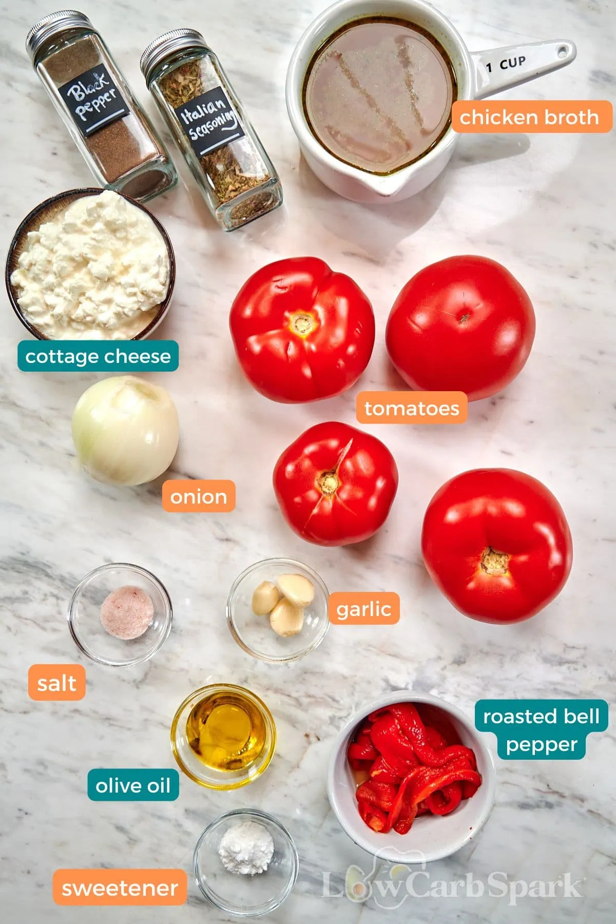 High-Protein Tomato Soup with Cottage Cheese 2 Fresh ingredients for high-protein tomato soup with cottage cheese, including ripe tomatoes, roasted red peppers, onion, garlic, basil, broth, olive oil, and seasonings.