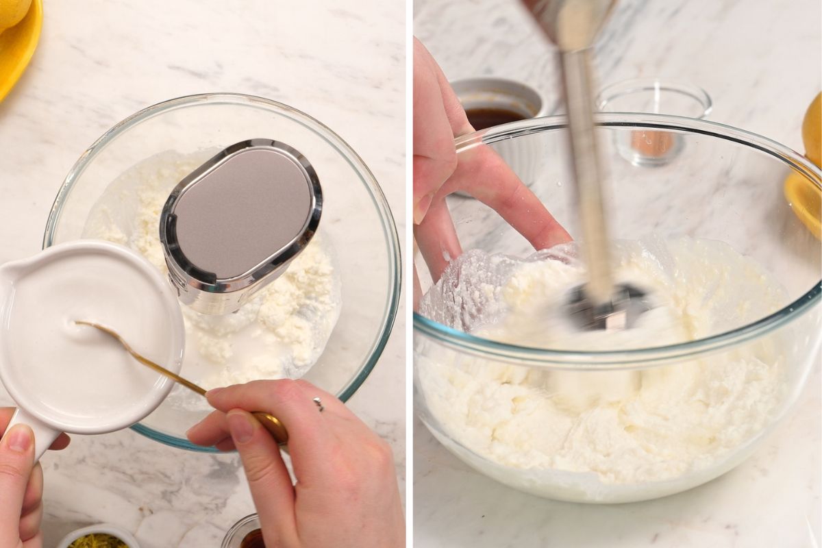 High-Protein Cottage Cheese Lemon Chia Pudding 5 Blending cottage cheese and coconut milk with an immersion blender until completely smooth for high-protein lemon chia pudding.