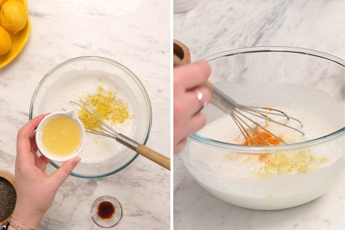 High-Protein Cottage Cheese Lemon Chia Pudding 6 Adding fresh lemon juice, lemon zest, vanilla extract, and turmeric to the whipped cottage cheese mixture.