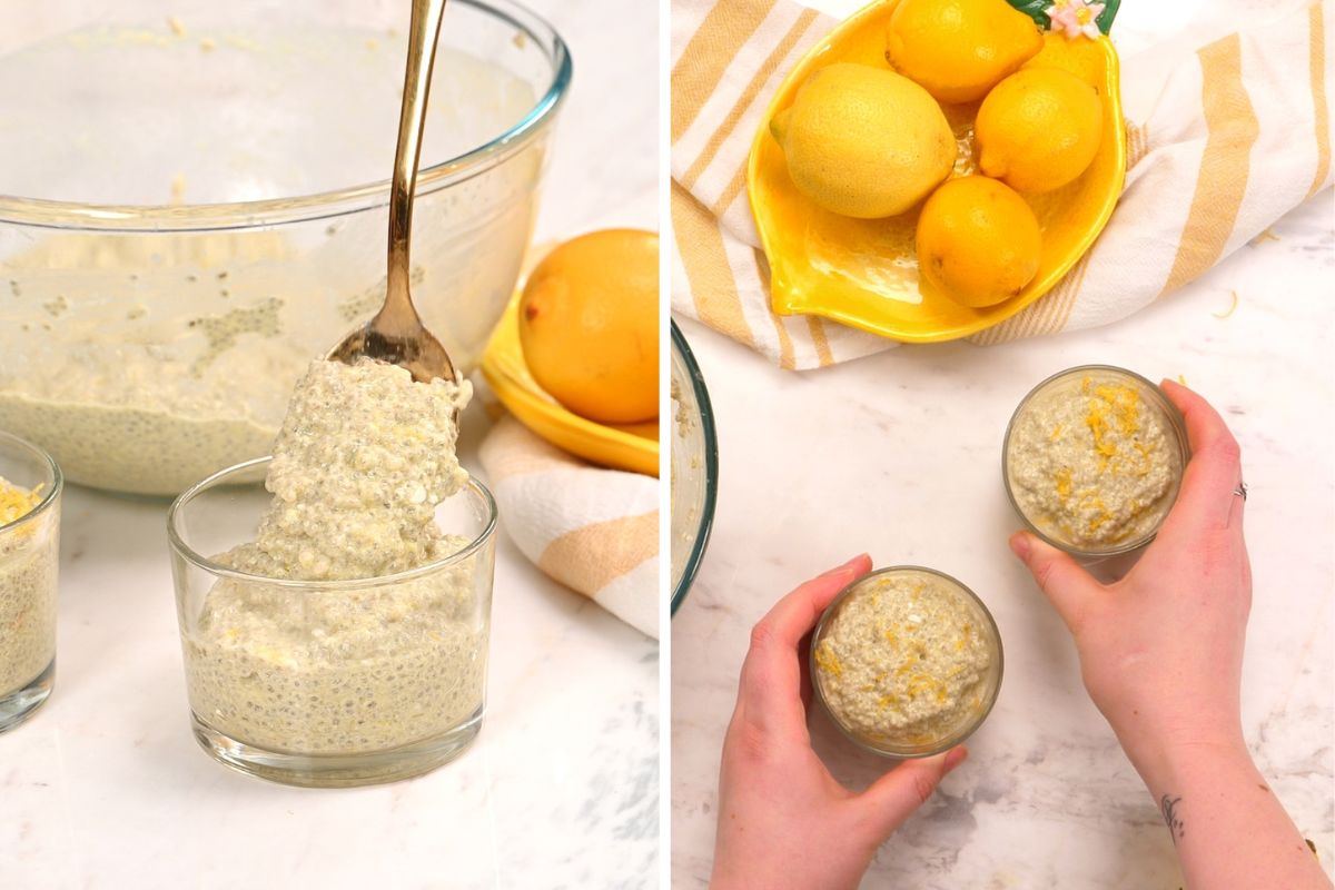 High-Protein Cottage Cheese Lemon Chia Pudding 9 Spooning high-protein cottage cheese lemon chia pudding into serving glasses before chilling.