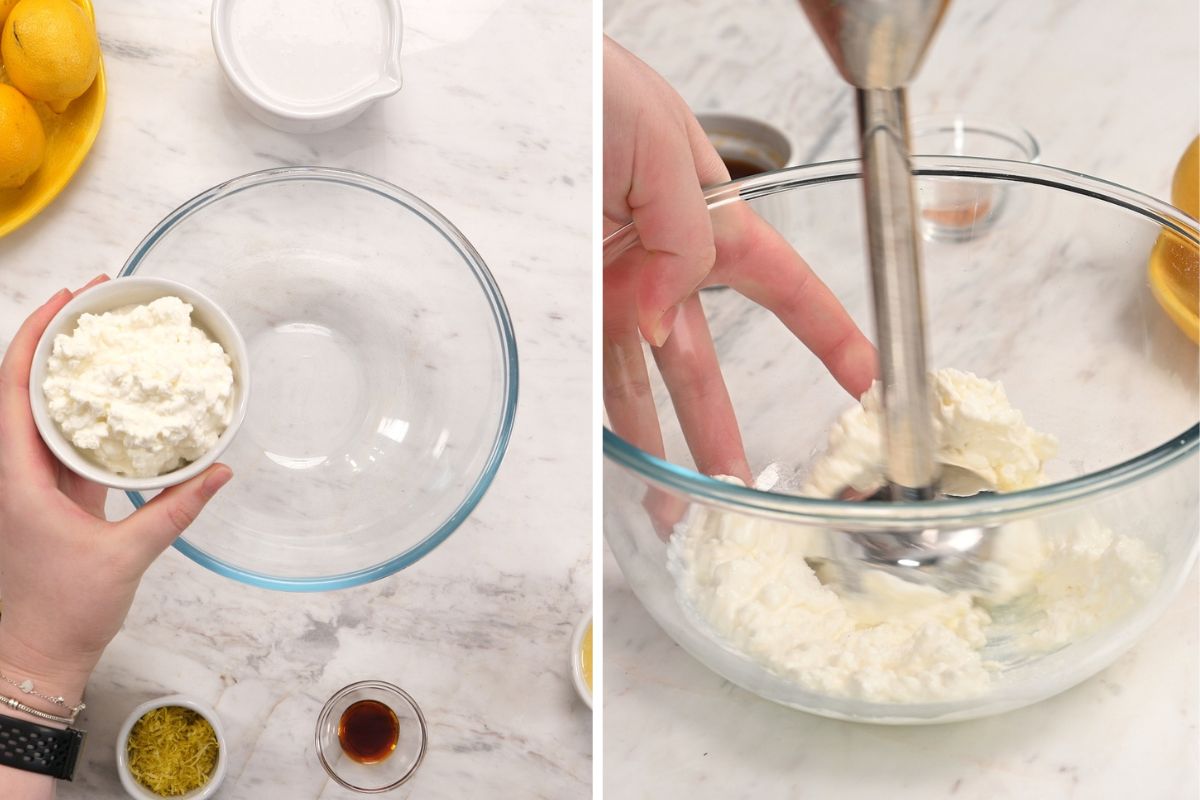 High-Protein Cottage Cheese Lemon Chia Pudding 4 Blending cottage cheese with an immersion blender until smooth and creamy for lemon chia pudding.
