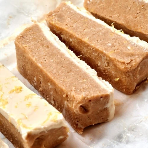 Lemon Cottage Cheese Protein Bars 14 Sliced lemon cottage cheese protein bars before frosting, showing their soft, dense texture.