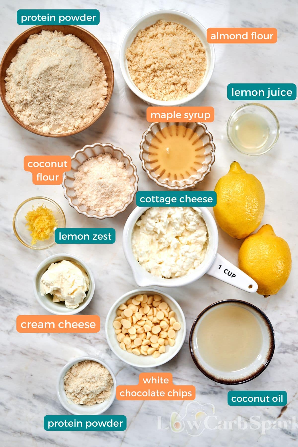 Lemon Cottage Cheese Protein Bars 3 Ingredients for lemon cottage cheese protein bars including cottage cheese, protein powder, almond flour, coconut flour, cream cheese, lemon, and white chocolate chips.