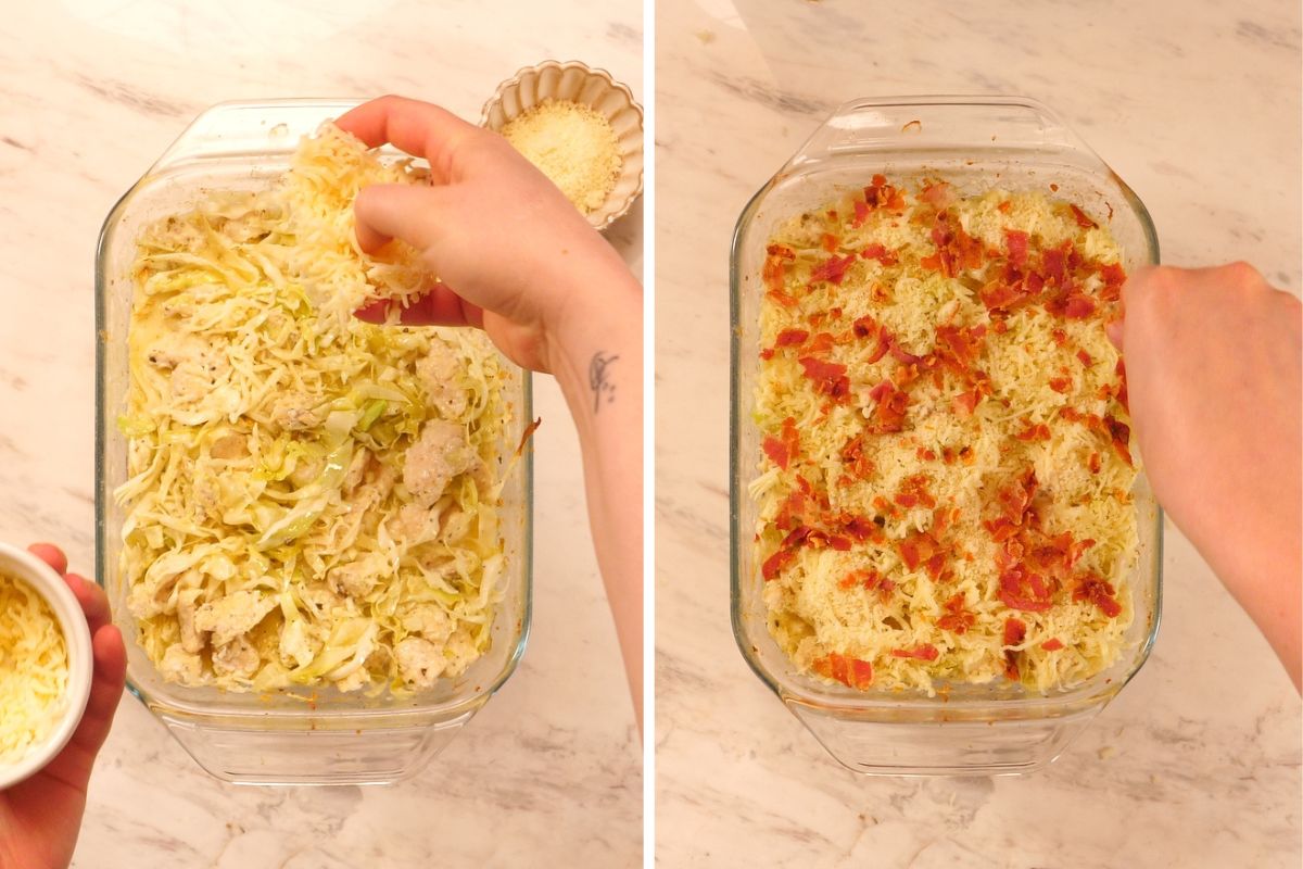 Chicken Alfredo Cabbage Bake 6 Topping Chicken Alfredo Cabbage Bake with mozzarella, Parmesan, and crispy bacon before baking until golden.