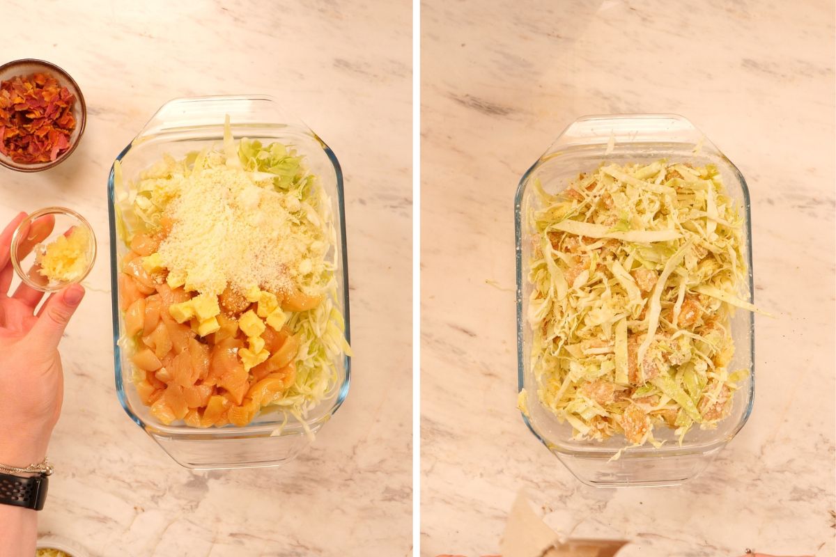 Chicken Alfredo Cabbage Bake 4 Combining chopped cabbage, diced chicken, butter, garlic, Parmesan, and seasonings to make Chicken Alfredo Cabbage Bake.