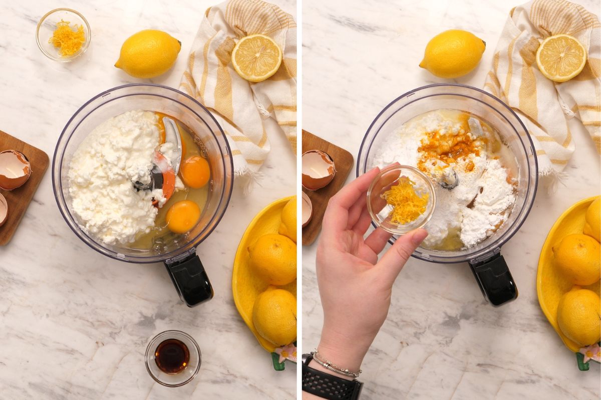 Cottage Cheese Lemon Cheesecake 5 Adding cottage cheese, eggs, powdered sweetener, lemon juice, vanilla, cornstarch, and lemon zest to a food processor for lemon cheesecake.