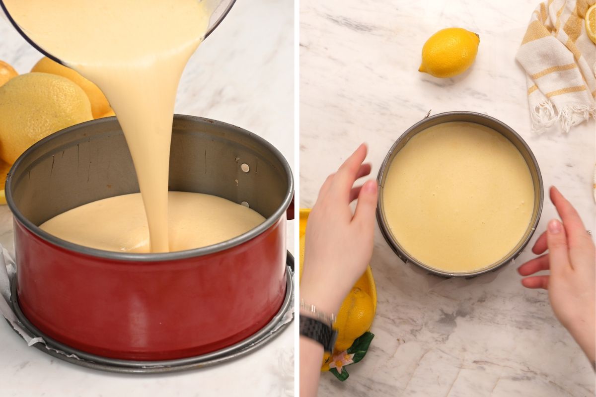 Cottage Cheese Lemon Cheesecake 7 Pouring the smooth cottage cheese lemon cheesecake batter into a parchment-lined springform pan before baking.