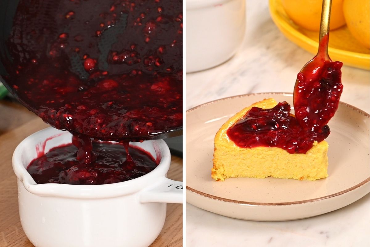 Cottage Cheese Lemon Cheesecake 11 Pouring homemade mixed berry sauce into a bowl and spooning it over a slice of cottage cheese lemon cheesecake.