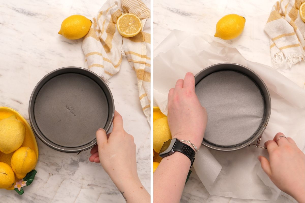 Cottage Cheese Lemon Cheesecake 4 Lining a pan with parchment paper to prepare it for baking cottage cheese lemon cheesecake.