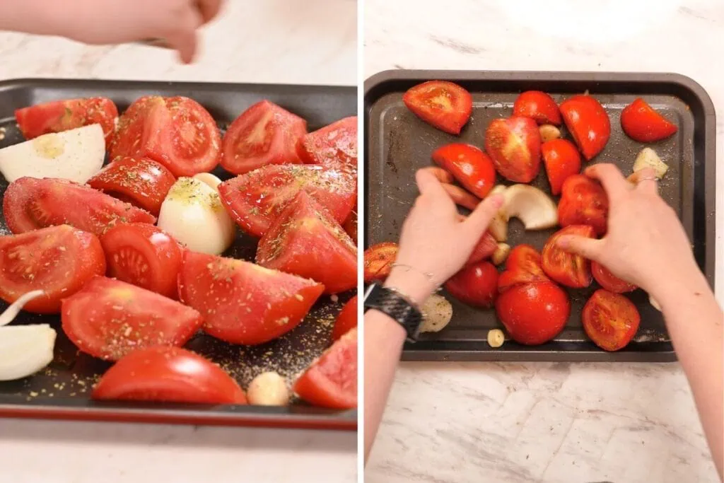 High-Protein Tomato Soup with Cottage Cheese 4 Quartered tomatoes, onion, and garlic seasoned with olive oil and Italian herbs on a baking sheet before roasting for high-protein tomato soup.