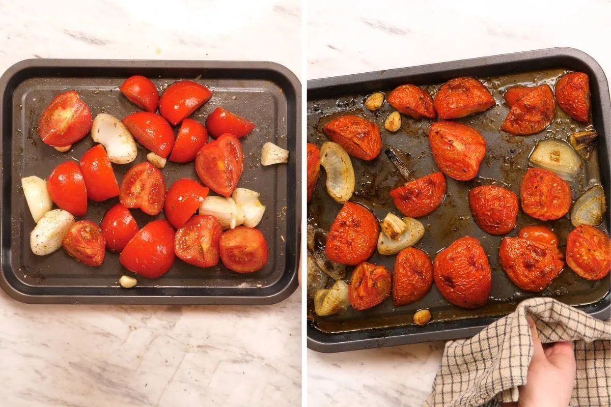High-Protein Tomato Soup with Cottage Cheese 5 Tomatoes, onion, and garlic spread evenly on a baking sheet, ready to roast until tender for creamy homemade tomato soup.