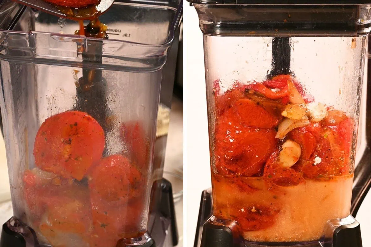 High-Protein Tomato Soup with Cottage Cheese 6 Roasted tomatoes, onion, and garlic being transferred to a blender with their juices to make creamy high-protein tomato soup.