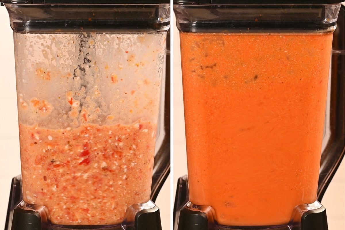 High-Protein Tomato Soup with Cottage Cheese 7 Roasted tomatoes, onion, garlic, broth, roasted red peppers, and cottage cheese added to a blender before blending into a smooth soup.