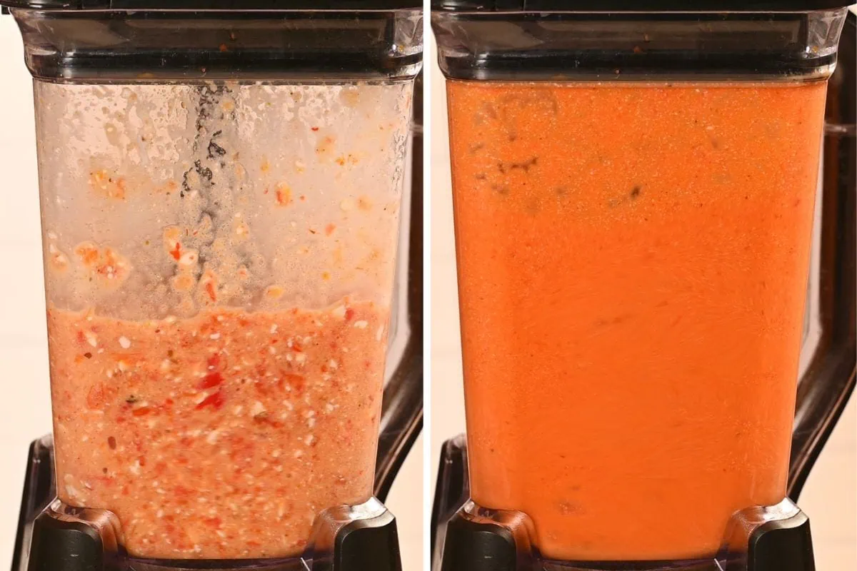 High-Protein Tomato Soup with Cottage Cheese 7 Roasted tomatoes, onion, garlic, broth, roasted red peppers, and cottage cheese added to a blender before blending into a smooth soup.