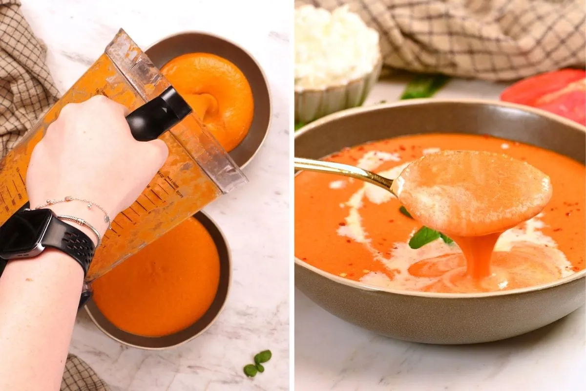 High-Protein Tomato Soup with Cottage Cheese 9 Freshly blended high-protein tomato soup being poured from a blender into a serving bowl.