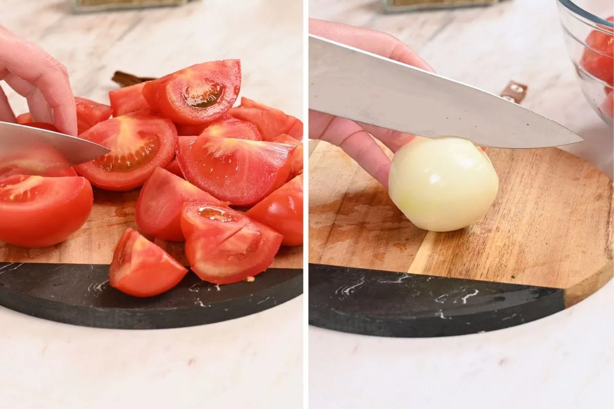 High-Protein Tomato Soup with Cottage Cheese 3 Fresh tomatoes and onions being cut into quarters on a cutting board to prepare homemade roasted tomato soup.