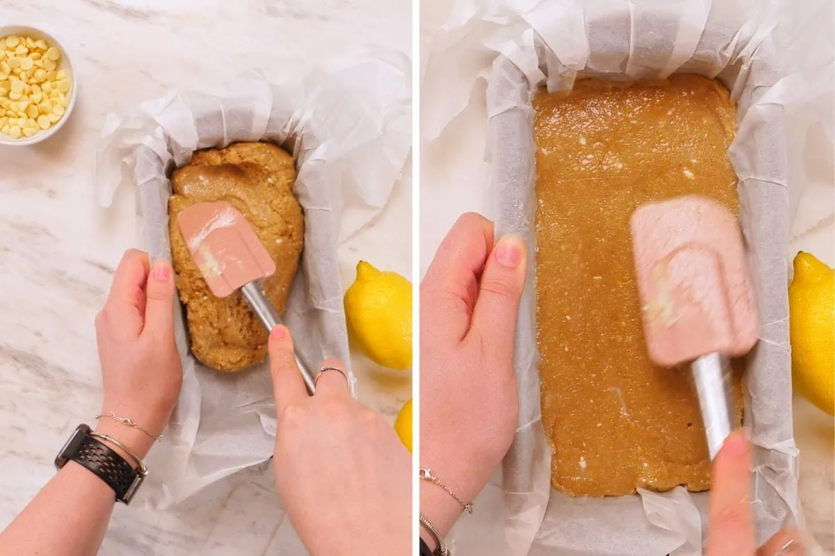 Lemon Cottage Cheese Protein Bars 7 Pressing the lemon protein bar dough evenly into a parchment-lined loaf pan.