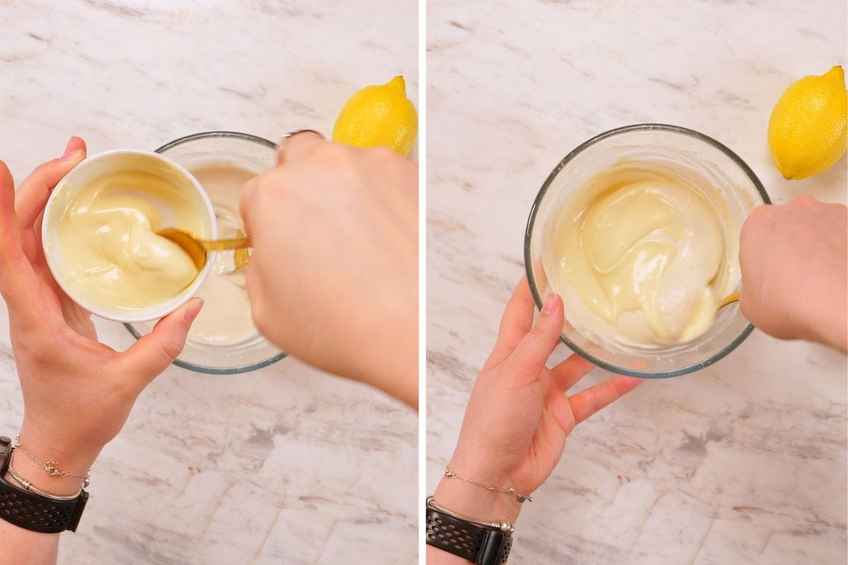 Lemon Cottage Cheese Protein Bars 9 Stirring melted white chocolate into the creamy lemon frosting until smooth.