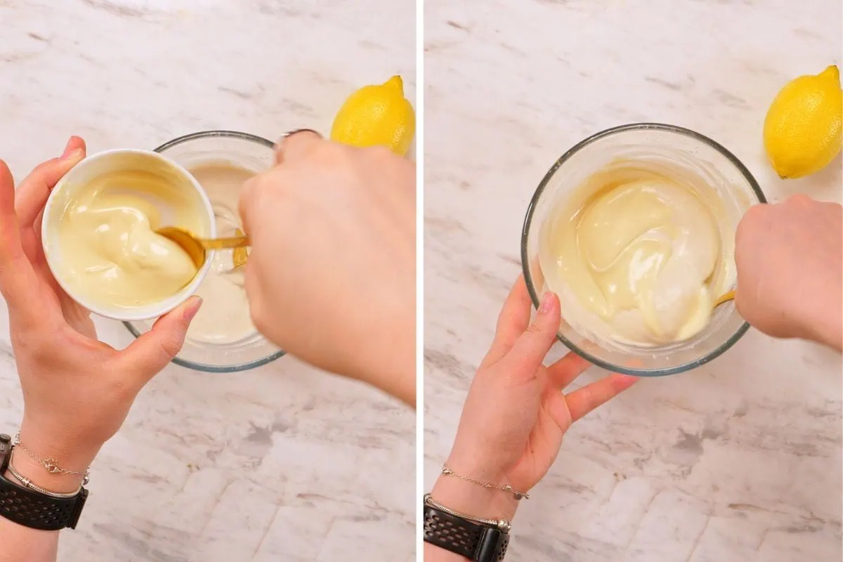 Lemon Cottage Cheese Protein Bars 9 Stirring melted white chocolate into the creamy lemon frosting until smooth.