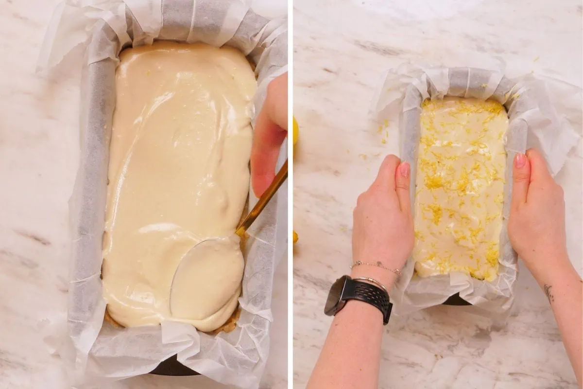 Lemon Cottage Cheese Protein Bars 11 Spreading the creamy lemon frosting over chilled protein bars and topping with fresh lemon zest.
