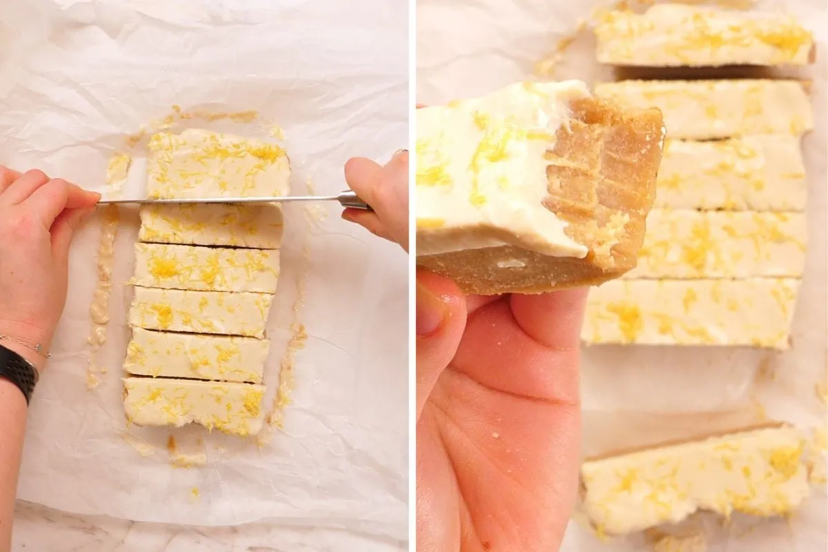 Lemon Cottage Cheese Protein Bars 12 Slicing chilled lemon cottage cheese protein bars into individual servings.