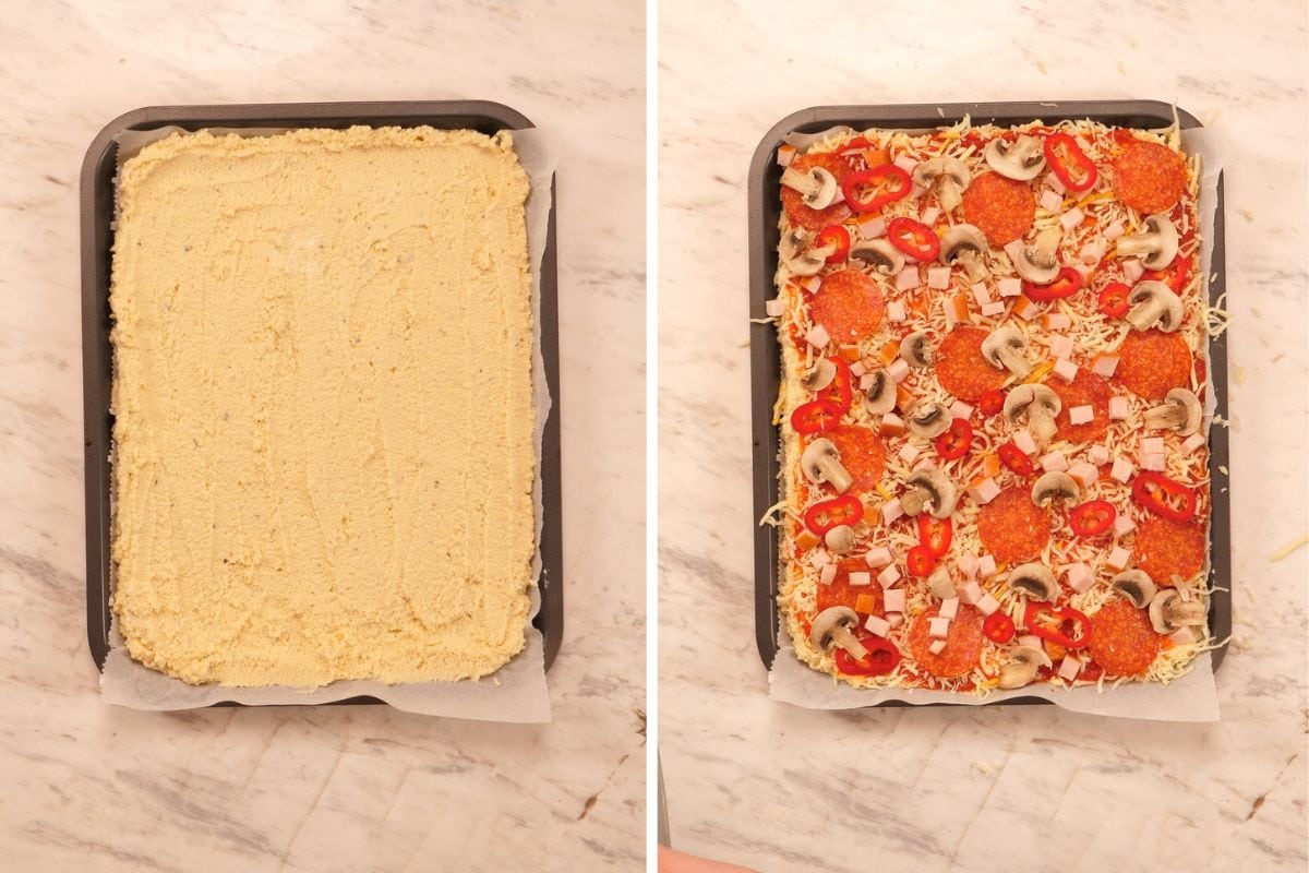 Sheet Pan Cottage Cheese Pizza 5 Sheet pan cottage cheese pizza crust spread evenly in a baking pan, then topped with pizza sauce, cheese, pepperoni, mushrooms, ham, and peppers.