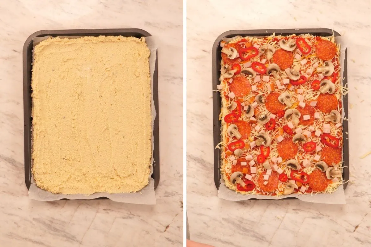 Sheet Pan Cottage Cheese Pizza 5 Sheet pan cottage cheese pizza crust spread evenly in a baking pan, then topped with pizza sauce, cheese, pepperoni, mushrooms, ham, and peppers.