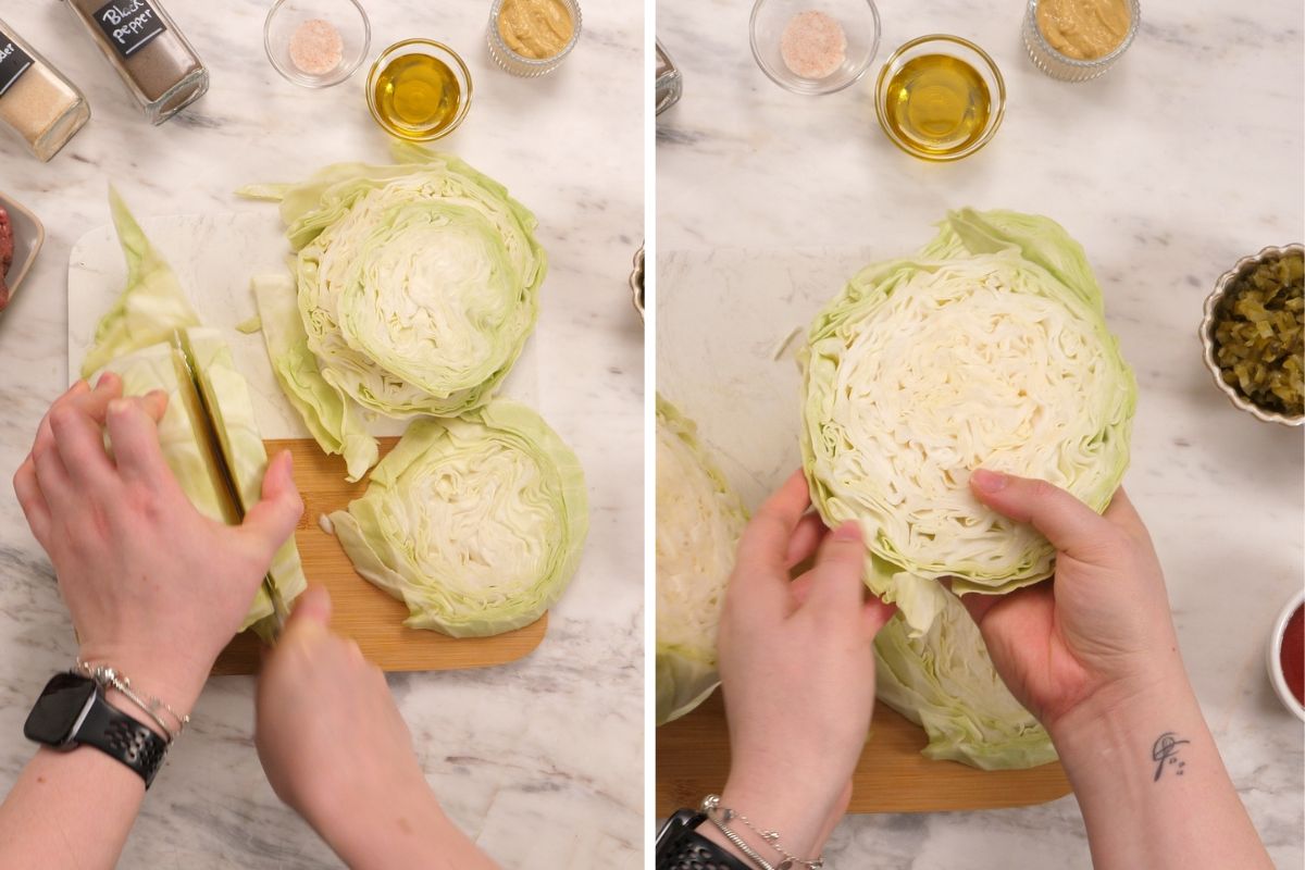 Cabbage Cheeseburgers 4 Slicing a head of green cabbage into thick rounds to make cabbage cheeseburgers.