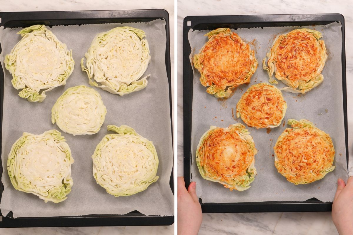 Cabbage Cheeseburgers 6 Cabbage rounds on a parchment lined baking sheet before and after brushing with the seasoned oil mixture.