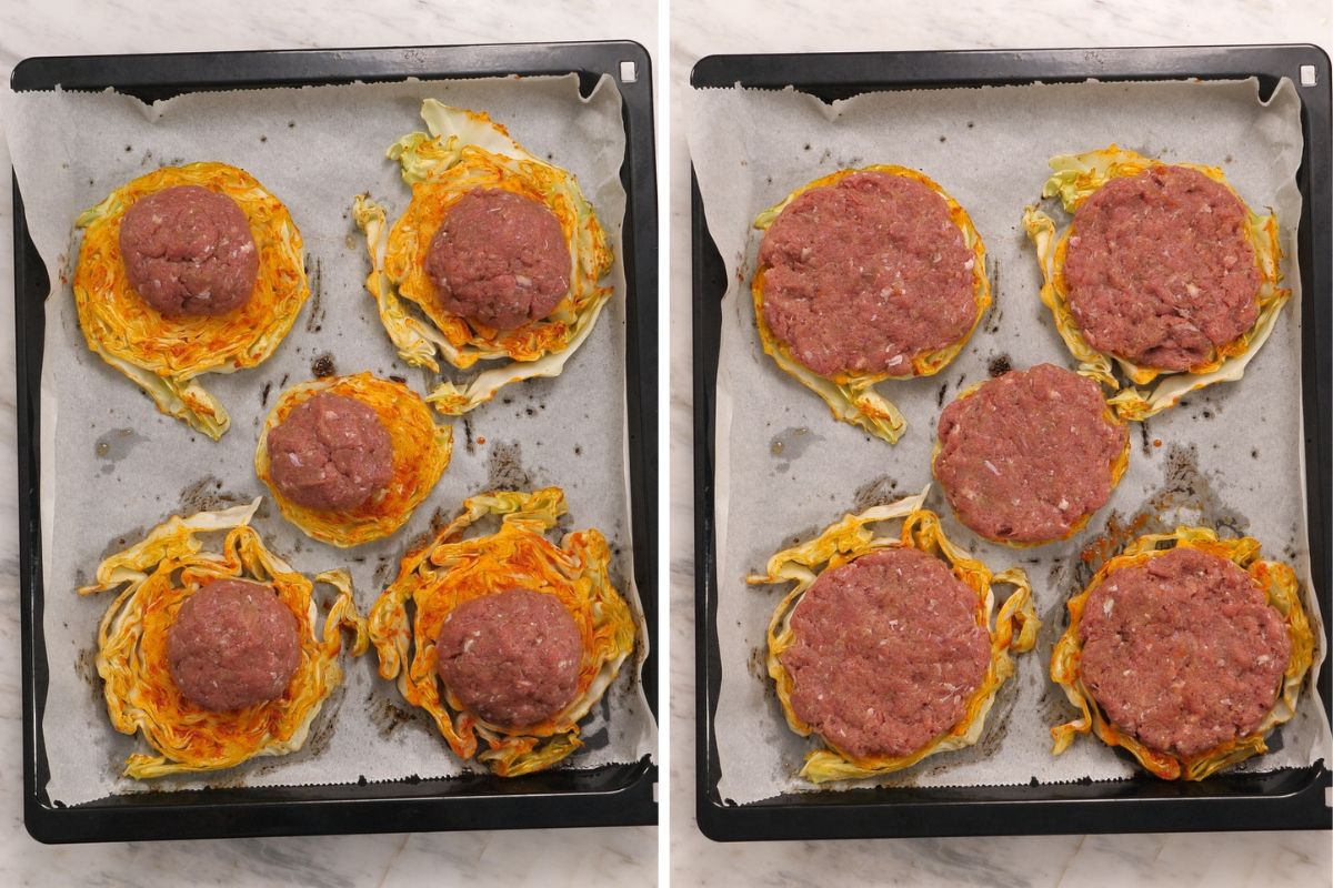 Cabbage Cheeseburgers 9 Placing seasoned beef patties on roasted cabbage rounds before baking.