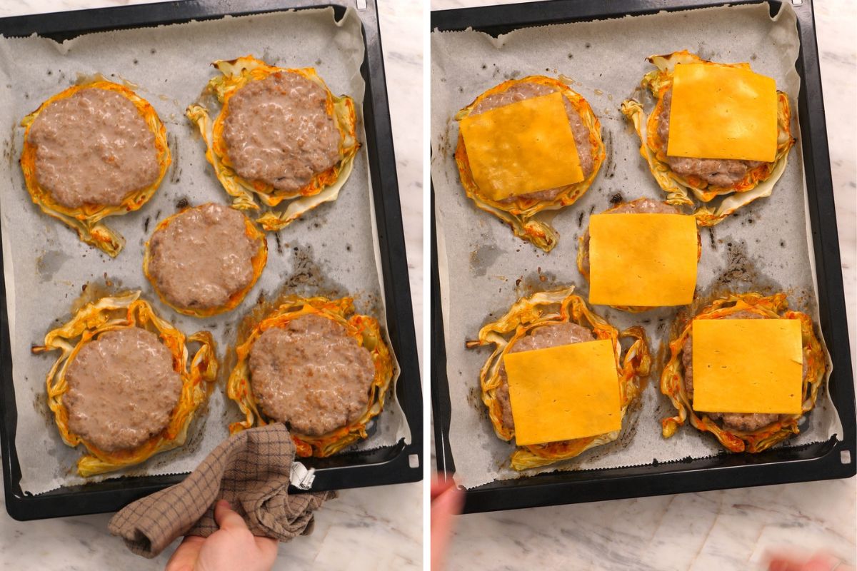 Cabbage Cheeseburgers 10 Adding cheddar cheese slices on top of cooked beef patties and roasted cabbage.