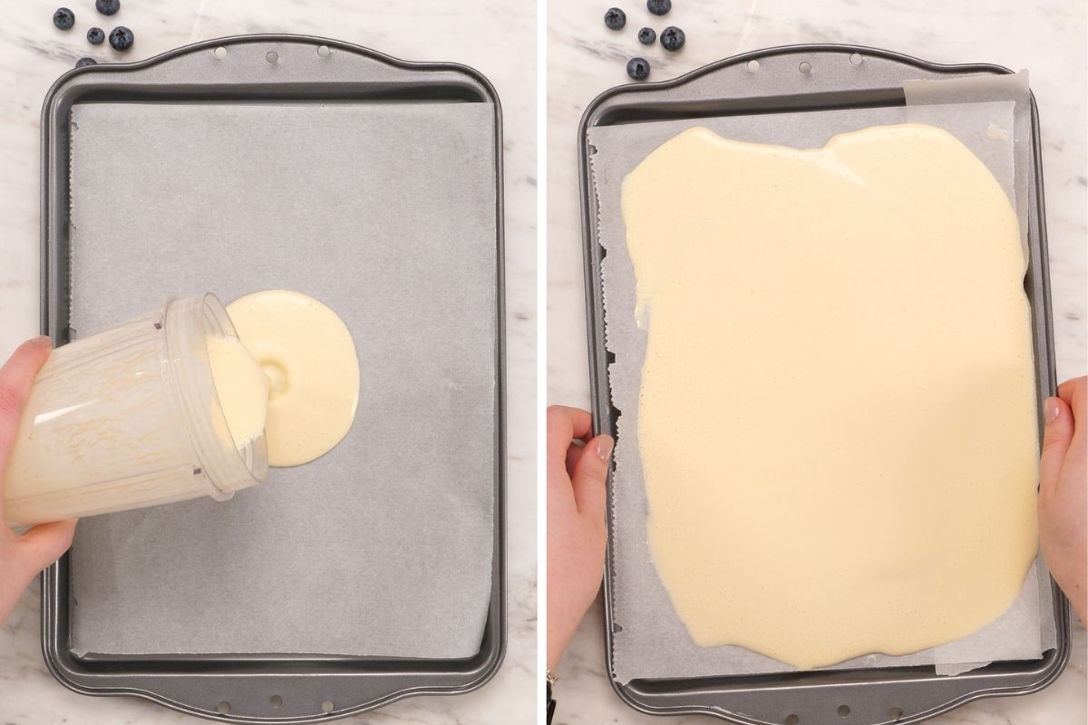 Cottage Cheese Blueberry Roll 5 Pouring the blended cottage cheese batter onto a parchment lined baking sheet and spreading it into an even layer.